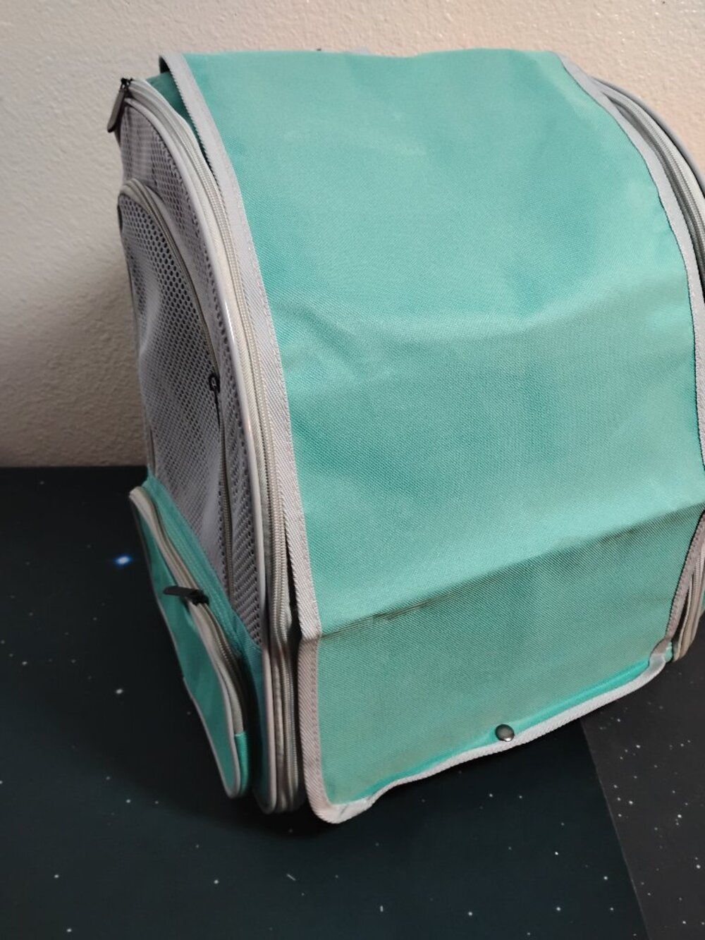 Bird Carrier Backpack Teal Portable Parrot Travel Bag Stainless Tray Wood Perch